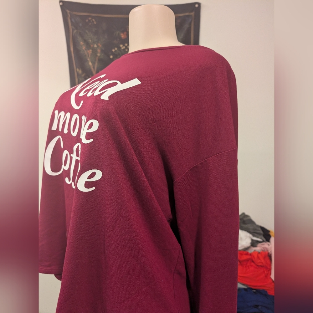 Express Maroon 'Need More Coffee' Long‎ Sleeve Shirt Size Large - Picture 4 of 9